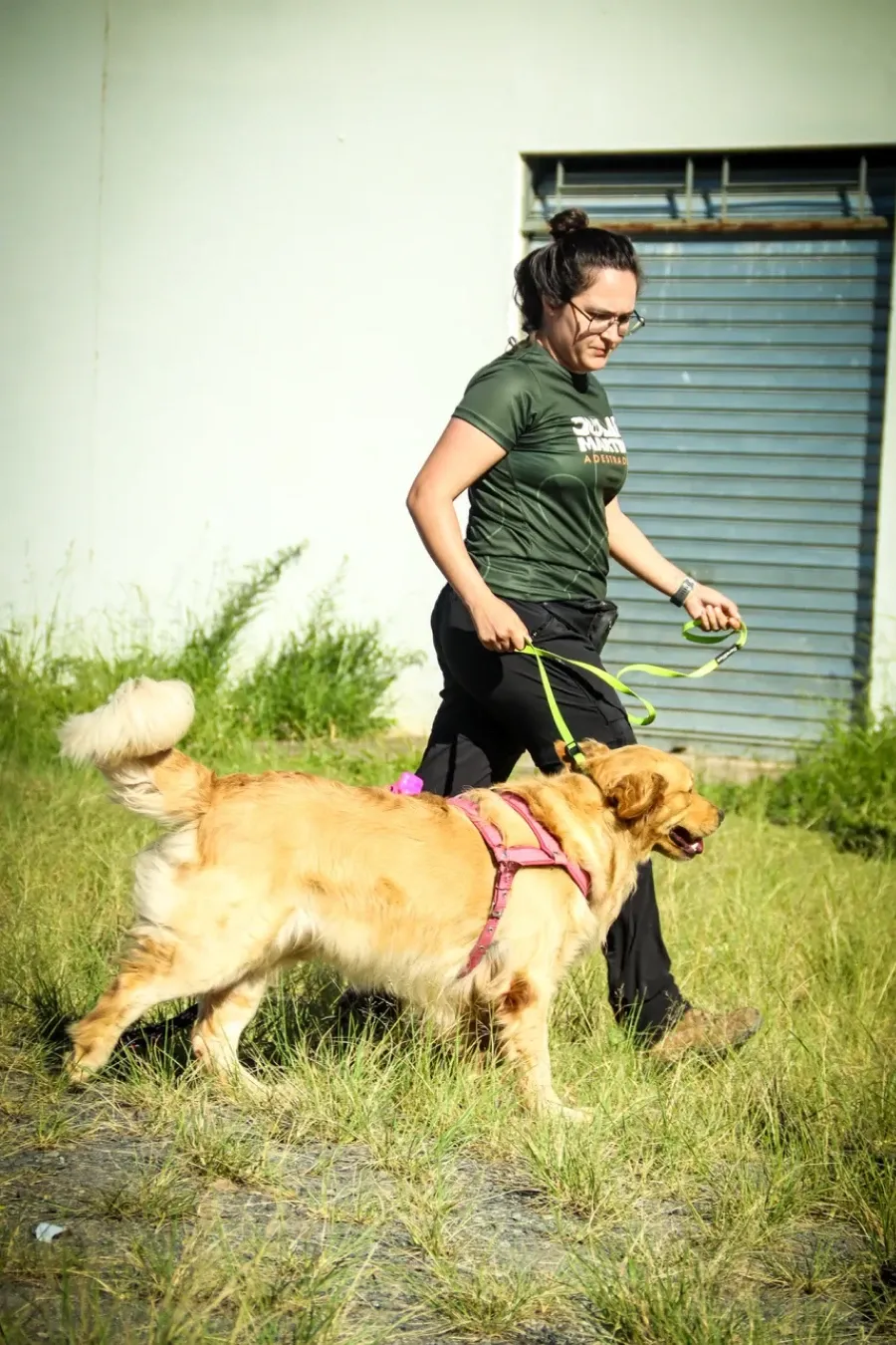 Júlia conduzindo um cão no passeio